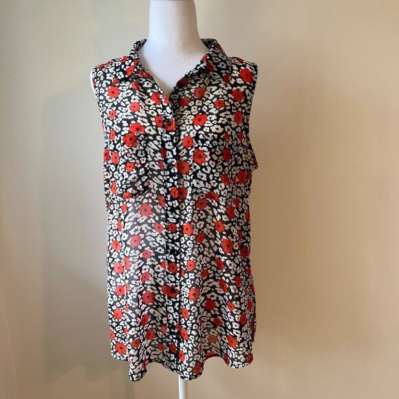 🌸 Sheer Floral Sleeveless Top  Black white and red- Banana Republic 🌸 size (L) - Picture 1 of 8